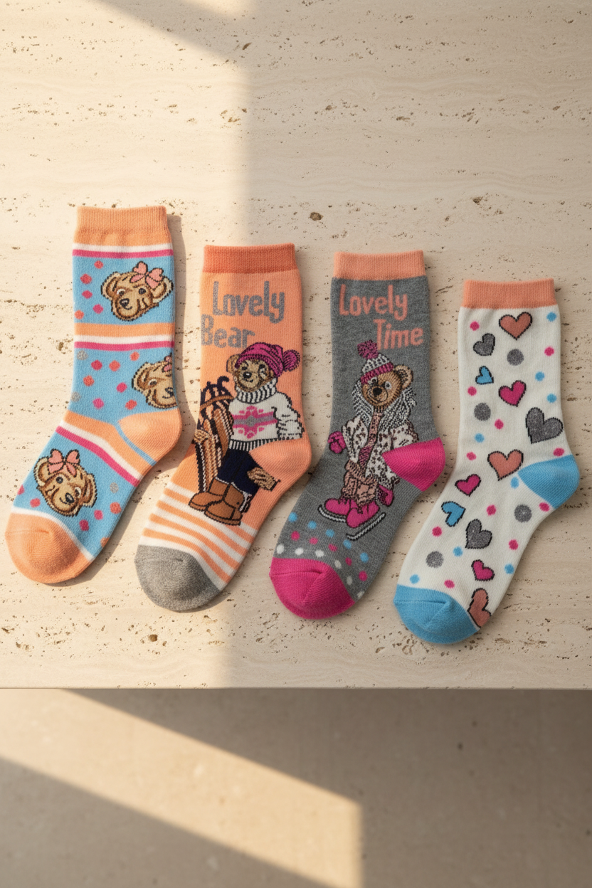 4 lü Paket Lovely Bear Kız Çocuk Soket Çorap Desenli