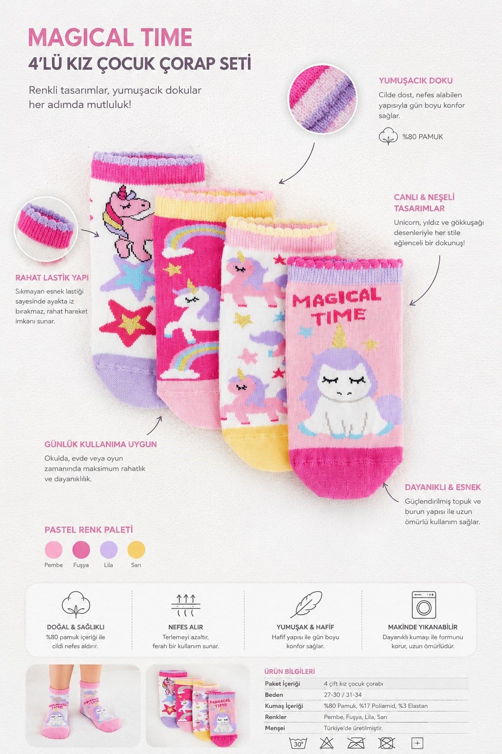 4 lü Paket Magical Time Kız Çocuk Step Çorap Desenli
