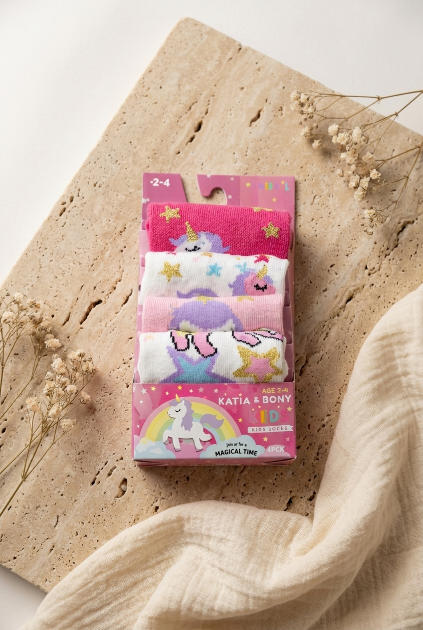 4 lü Paket Magical Time Kız Çocuk Patik Çorap Desenli