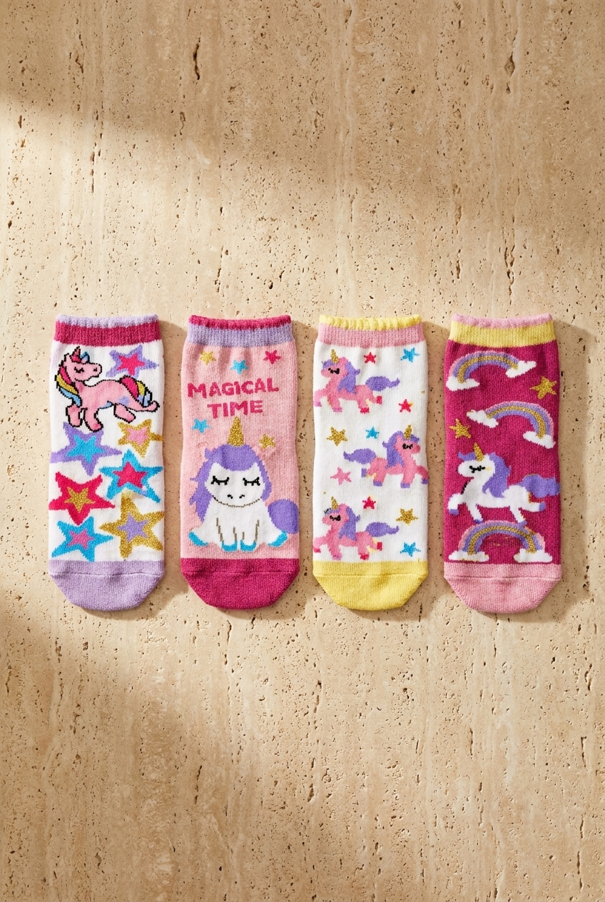 4 lü Paket Magical Time Kız Çocuk Patik Çorap Desenli