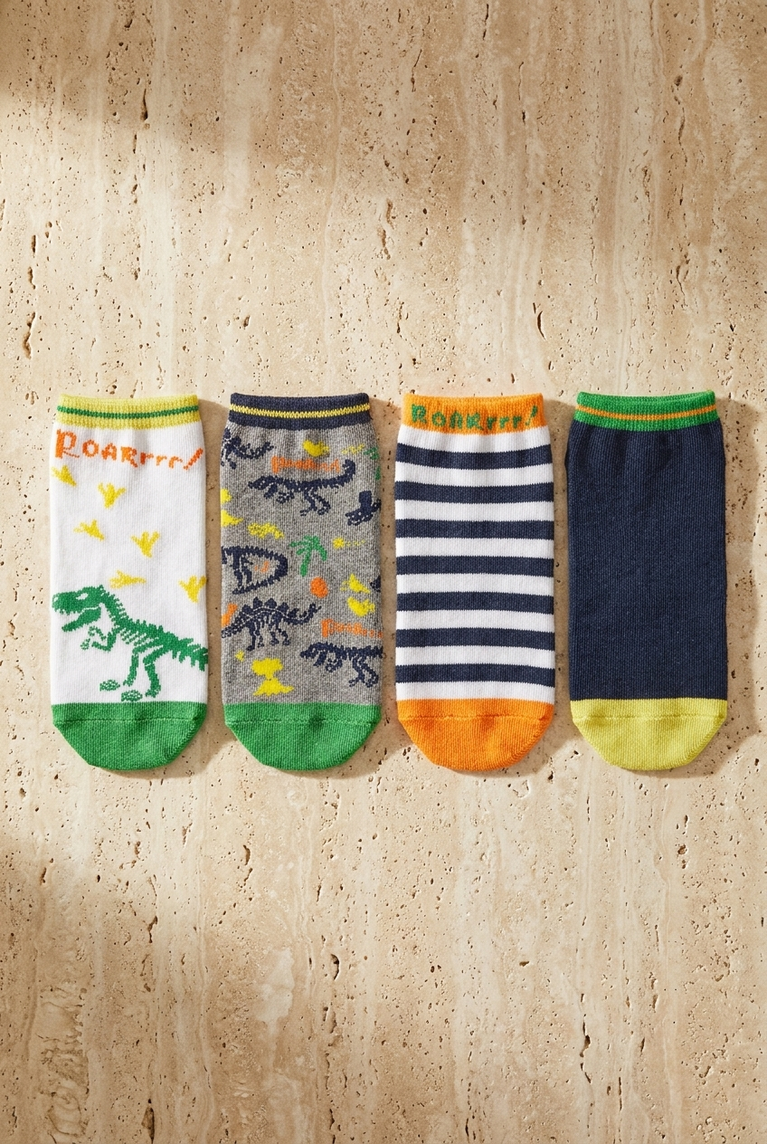 4'lü Paket Dinozor Desenli Erkek Çocuk Patik Çorap