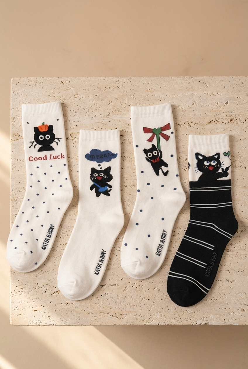4'lü Paket Kedi Desenli Kız Çocuk Soket Çorap