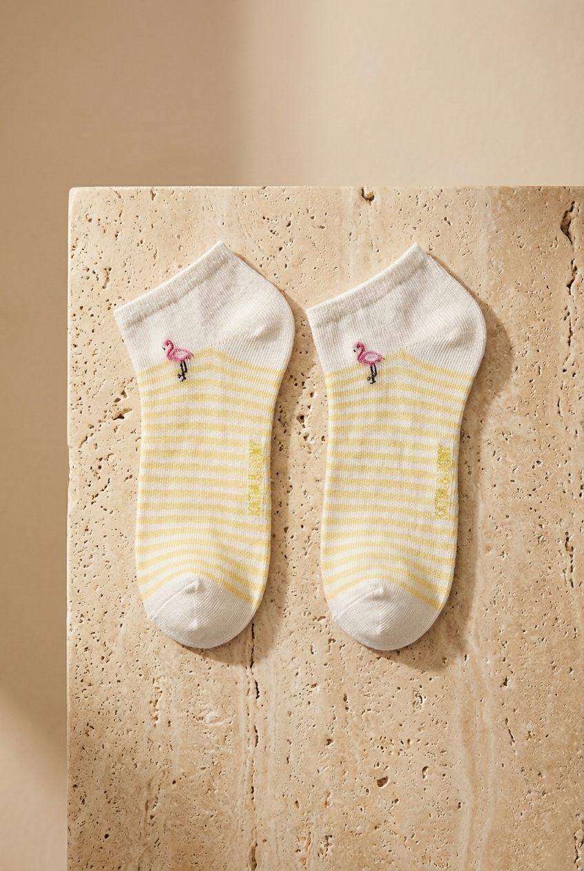 4'lü Paket Kız Çocuk Çizgili Flamingo Desenli Patik Çorap
