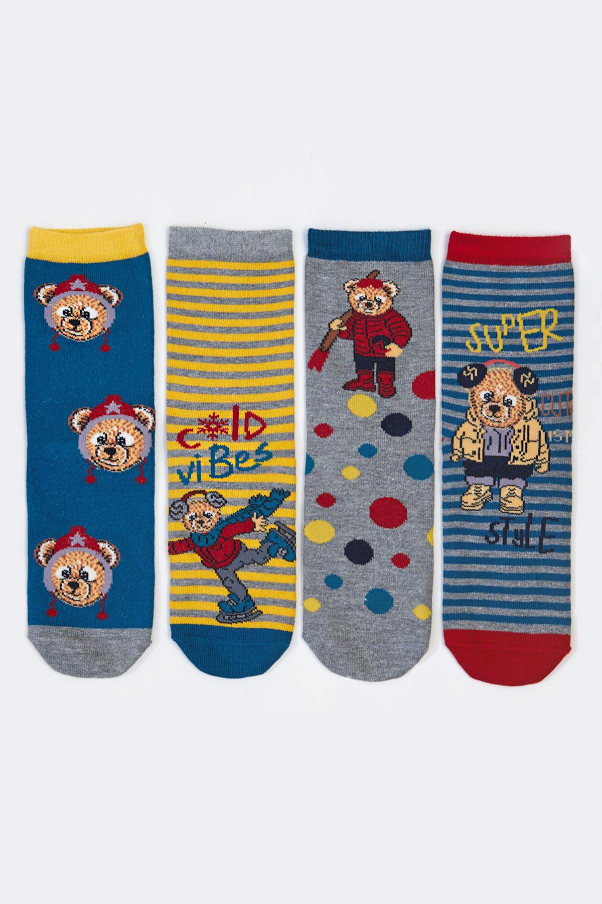 4'lü Paket Super Teddy Çocuk Soket Çorap Desenli