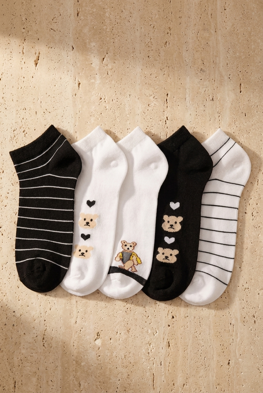 5'li Ayı Teddy Baskılı Patik Çorap