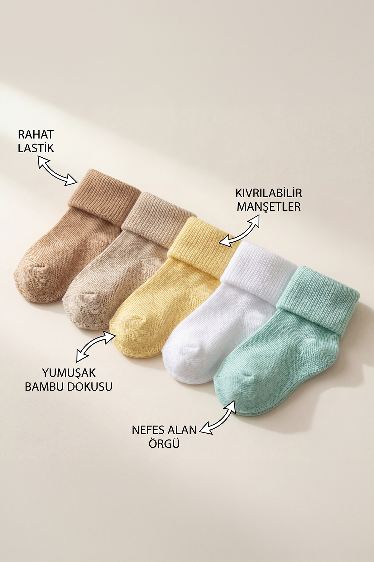 5'li Paket Yenidoğan Bambu Bebek Çorap Renkli