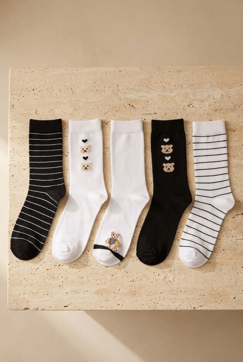 5'li Teddy Baskılı Çizgili Soket Çorap