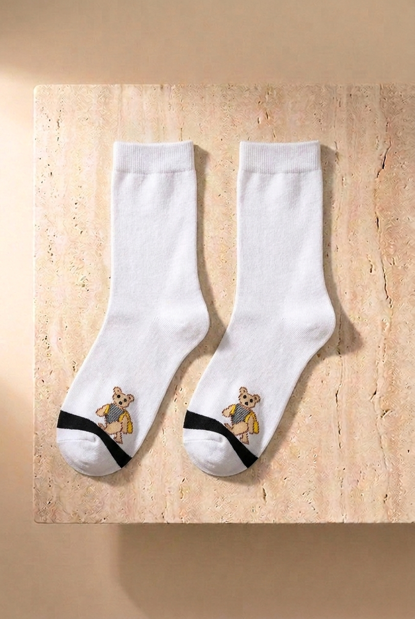 5'li Teddy Baskılı Çizgili Soket Çorap