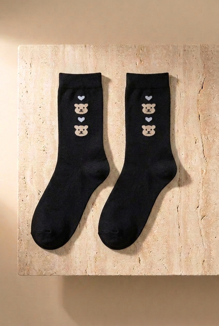 5'li Teddy Baskılı Çizgili Soket Çorap