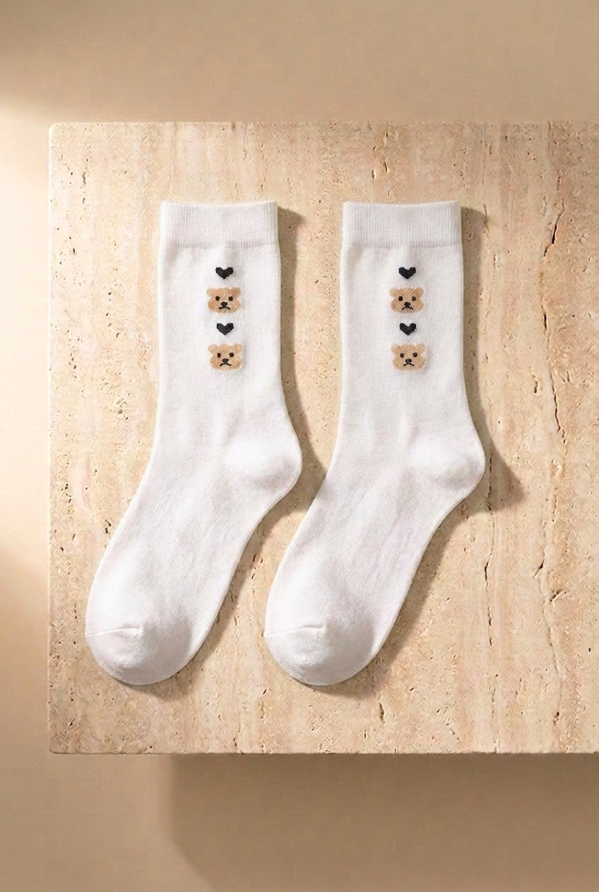 5'li Teddy Baskılı Çizgili Soket Çorap