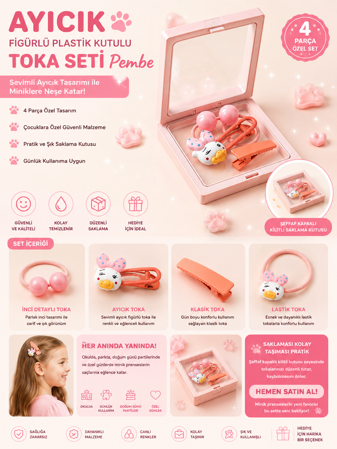 Ayıcık Figürlü Plastik Kutulu Toka Seti Pembe