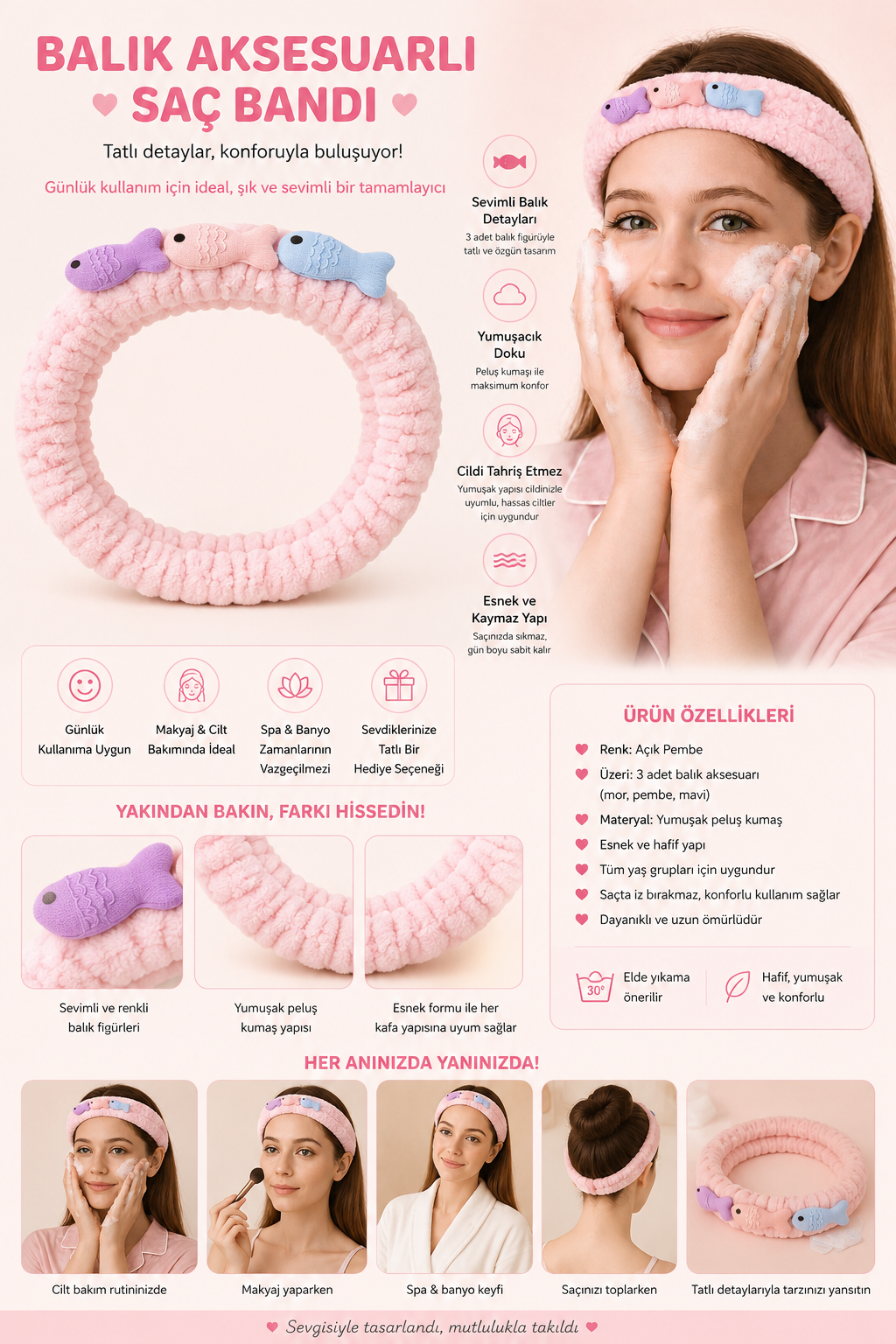 Balık Aksesuarlı Saç Bandı Açık Pembe