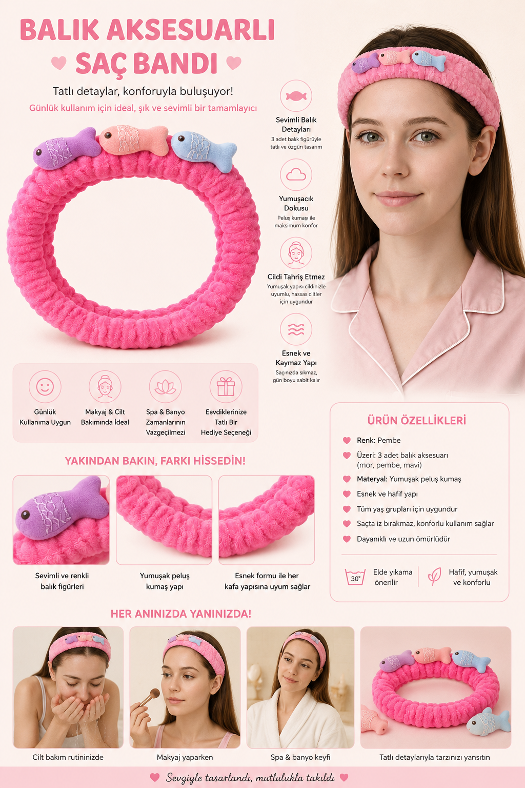 Balık Aksesuarlı Saç Bandı Pembe