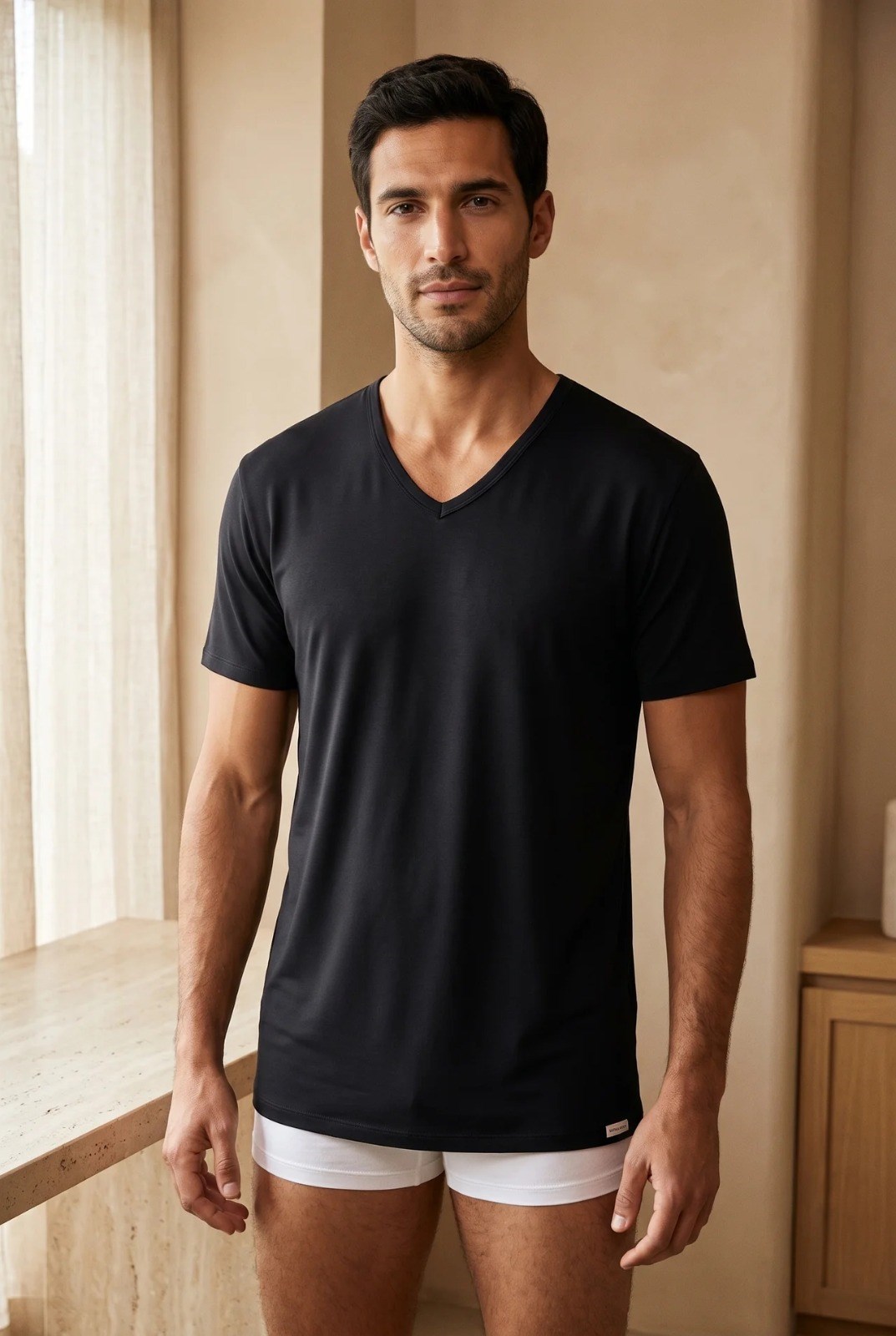 Basic Modal  V Yaka Erkek Tshirt Siyah