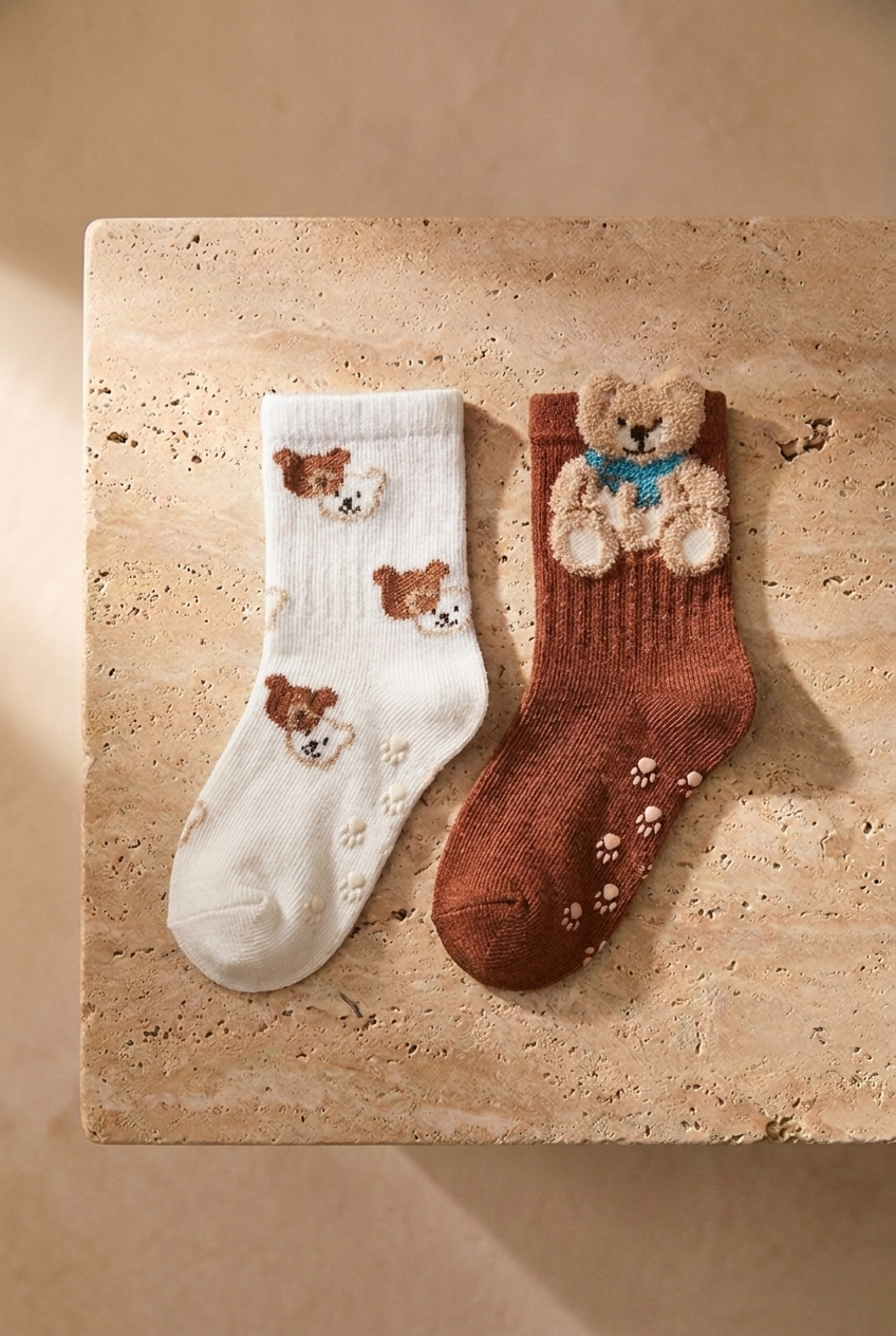 Bebek 2 li Paket Teddy Baskılı Soket Çorap Ekru-Koyu Kahverengi
