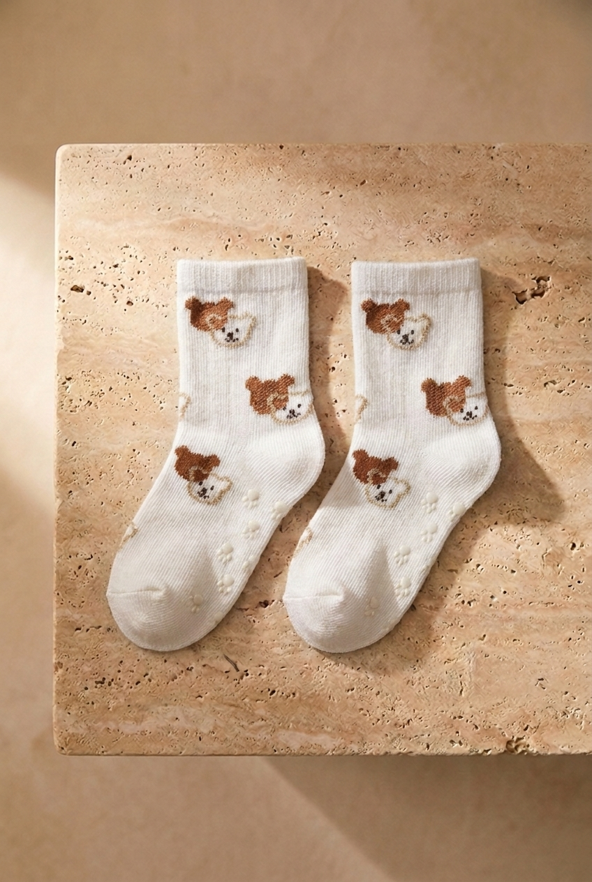 Bebek 2 li Paket Teddy Baskılı Soket Çorap Ekru-Koyu Kahverengi