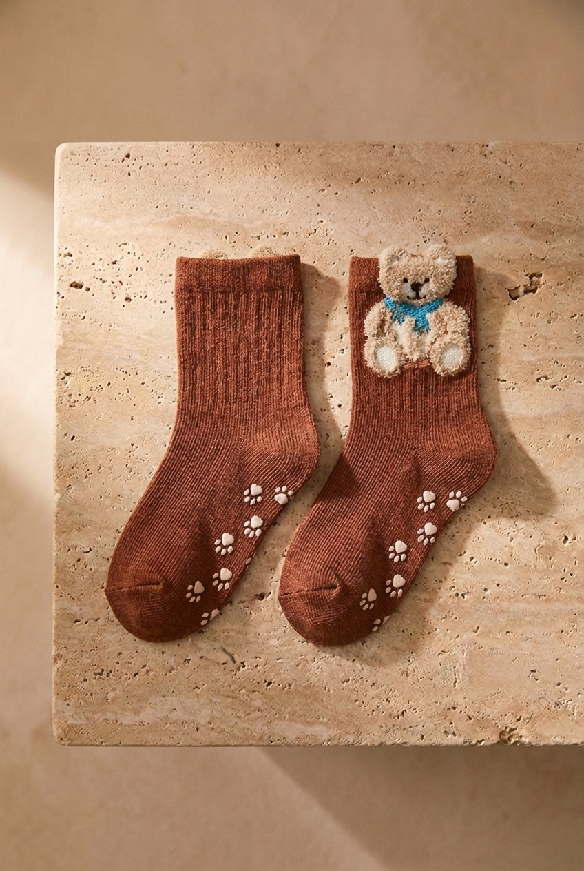 Bebek 2 li Paket Teddy Baskılı Soket Çorap Ekru-Koyu Kahverengi