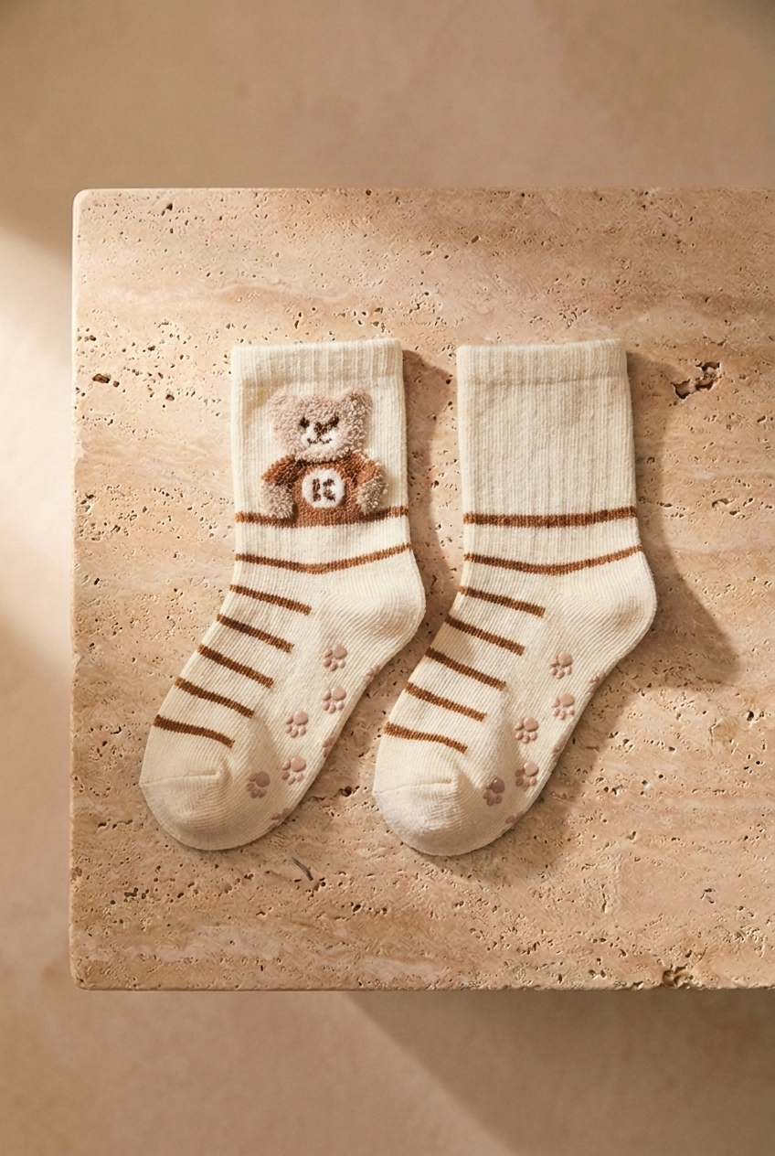 Baby 2-Pack Teddy Printed Sock Socks Ecru-Light Brown