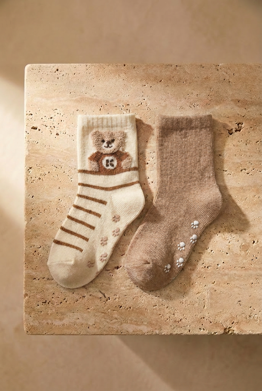 Baby 2-Pack Teddy Printed Sock Socks Ecru-Light Brown