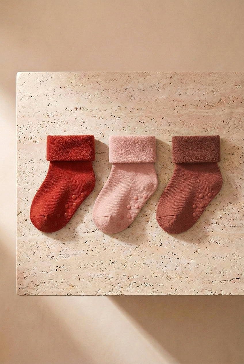 Baby 3-Piece Towel Socket Socks Pink-Red-Burgundy