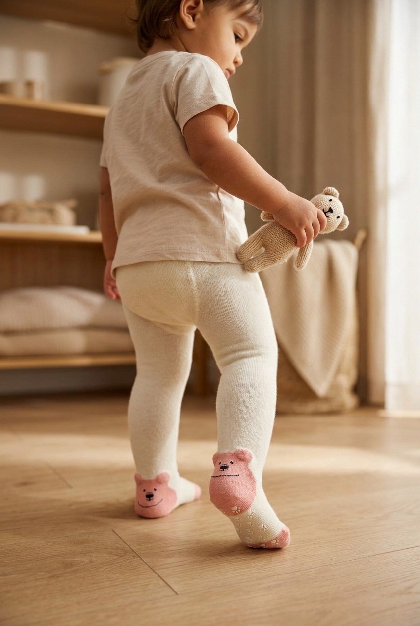 Baby Bear Patterned Tights Ecru-Pink