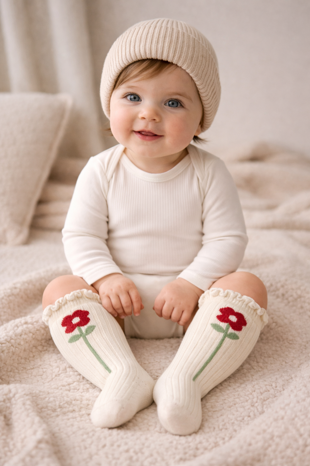 Baby Floral Patterned Ankle Socks Beige