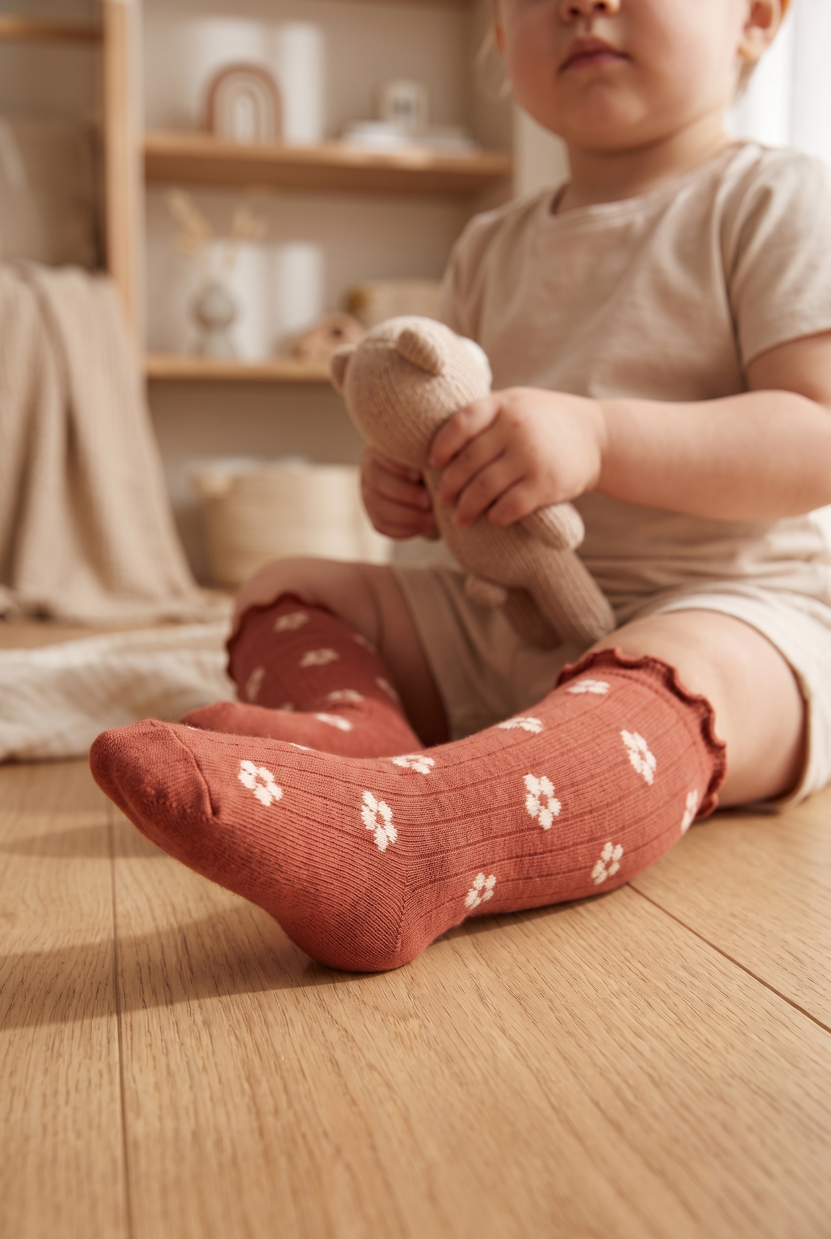 Baby Flower Patterned Socks Dark Brown