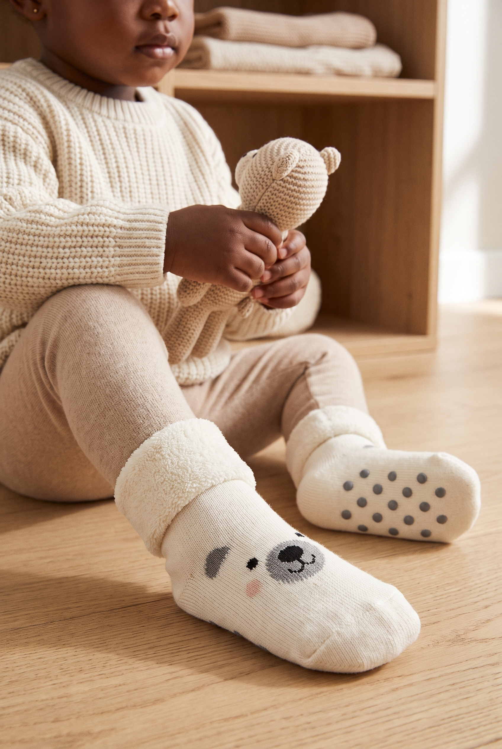 Baby Animal Patterned Towel Socks Ecru