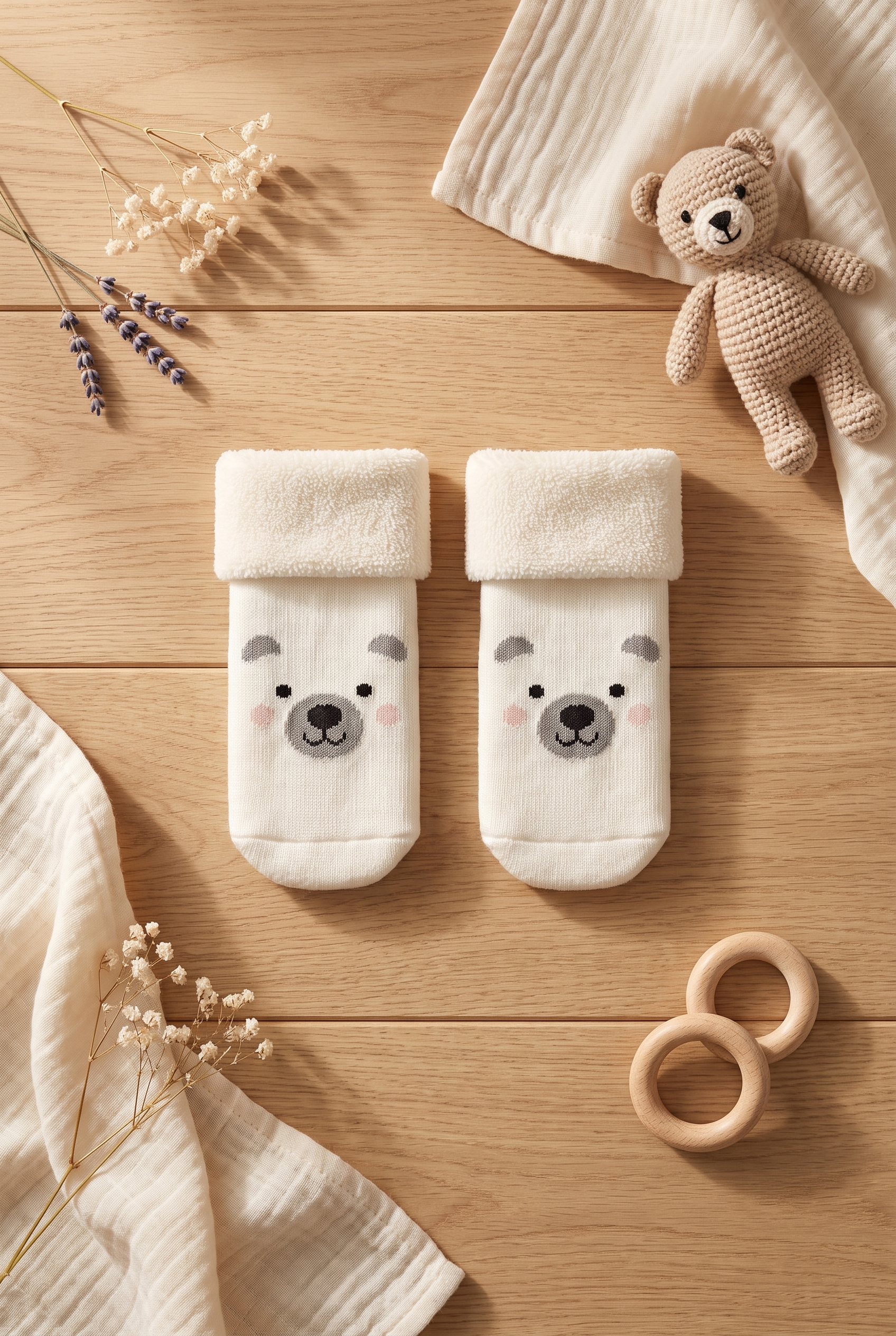 Baby Animal Patterned Towel Socks Ecru