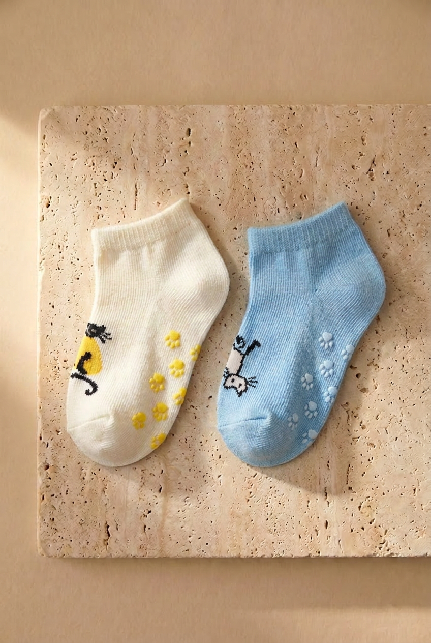 Baby Cat Patterned 2-Pair Step Socks Ecru-Blue