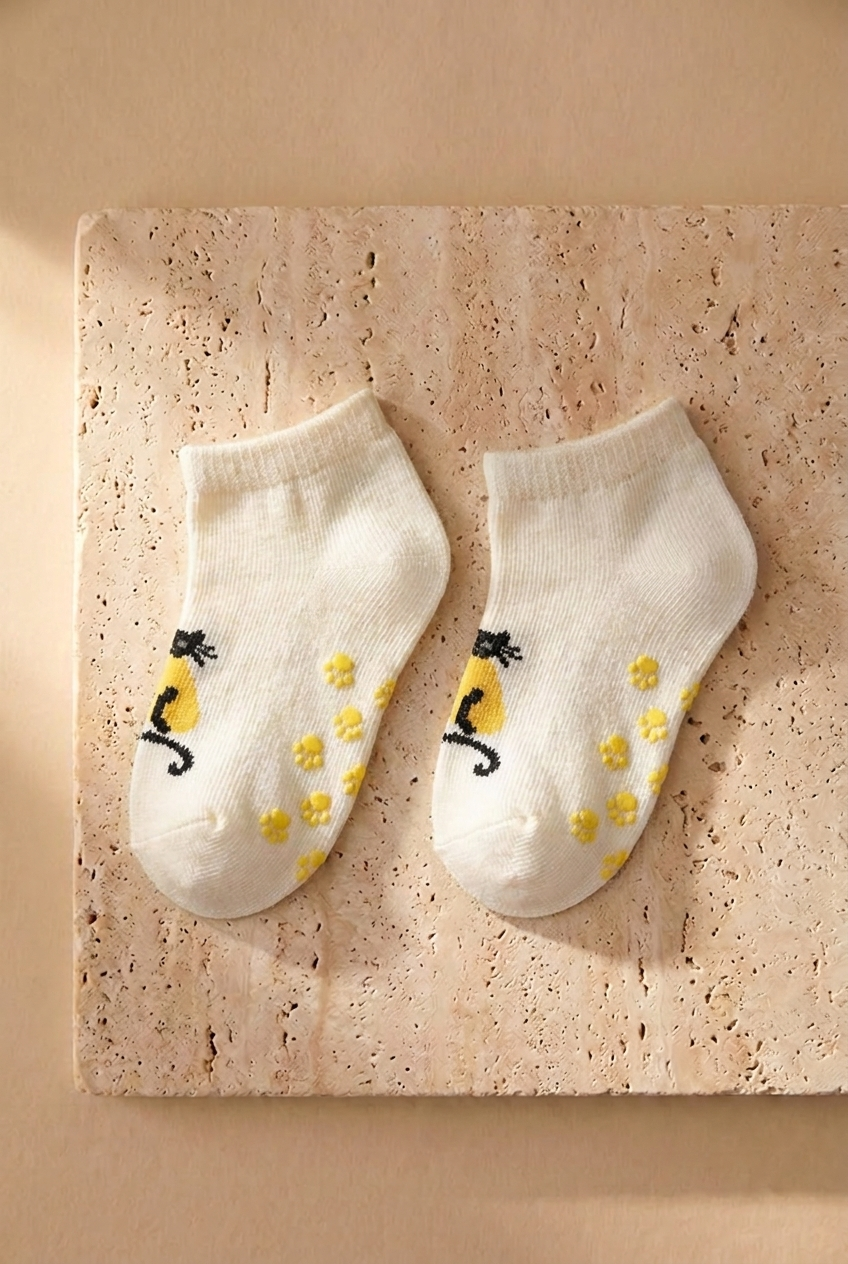 Baby Cat Patterned 2-Pair Step Socks Ecru-Blue