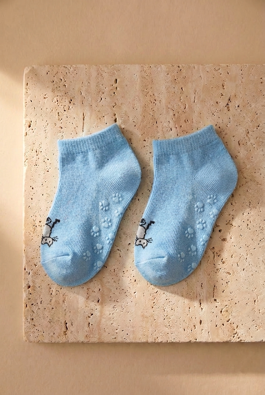 Baby Cat Patterned 2-Pair Step Socks Ecru-Blue