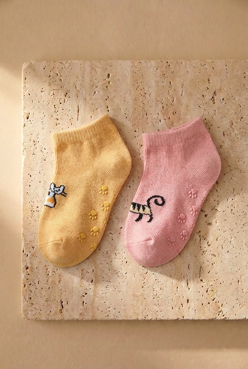 Bebek Kedi Desenli 2'li Step Çorap Pembe-Kahverengi