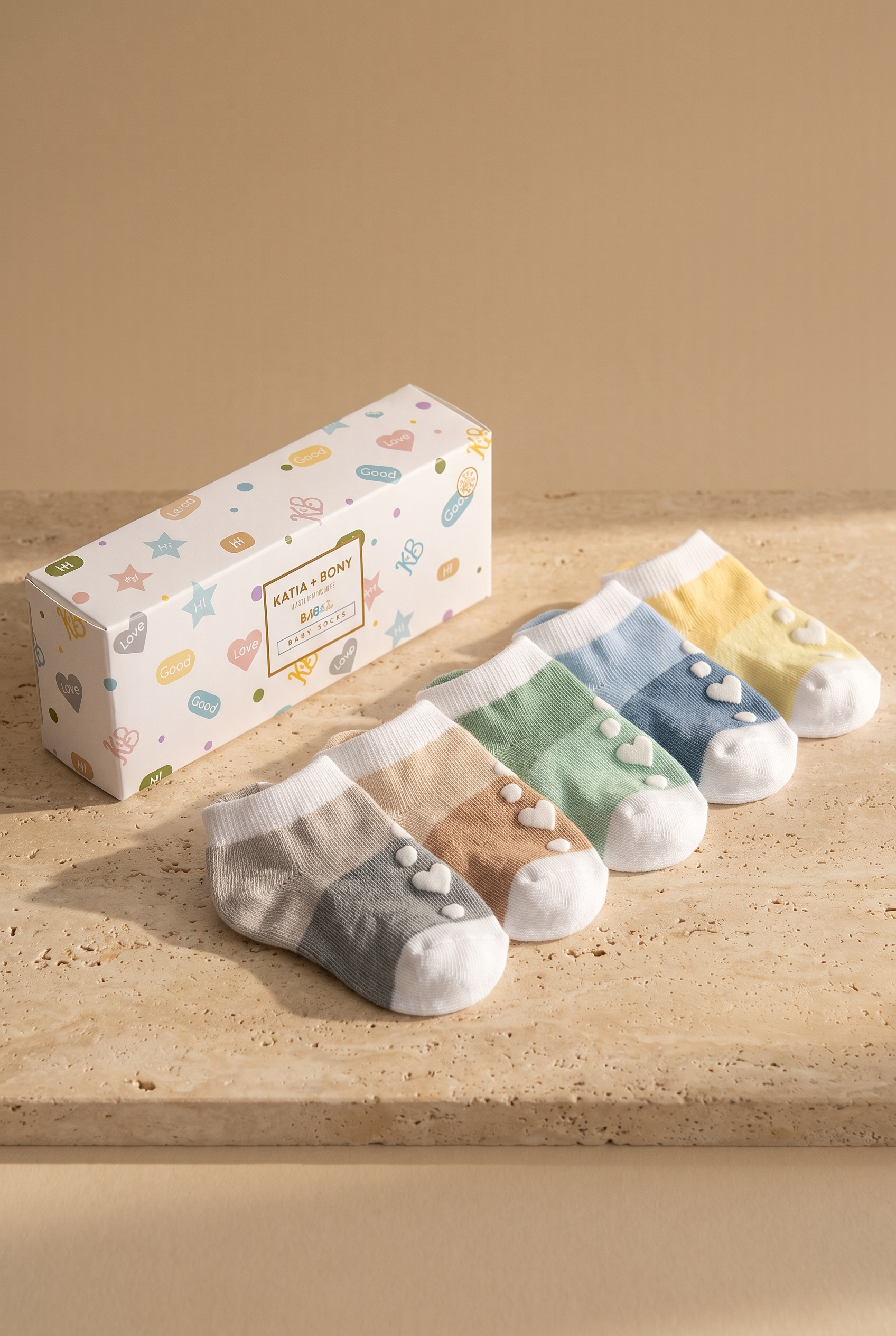 Bebek Şerit Desenli Tabanı Kalp Detaylı 5'li Paket Kutulu Patik Çorap Mavi Mix