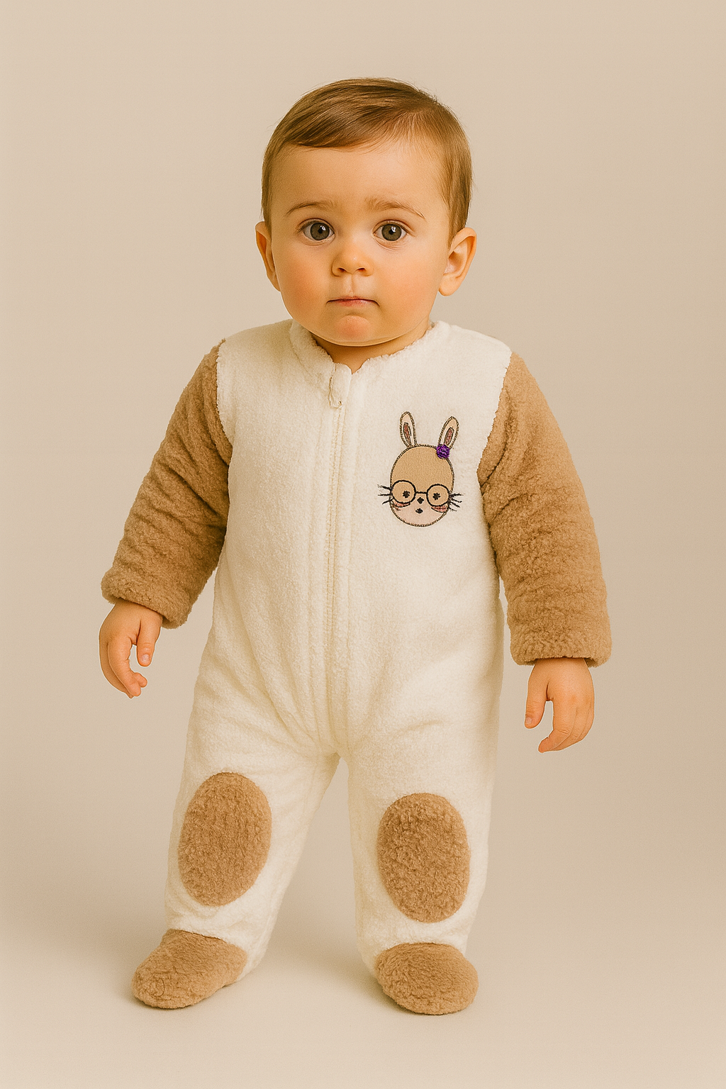 Bebek Tavşan Desenli Kulaklı Peluş Tulum Kahverengi
