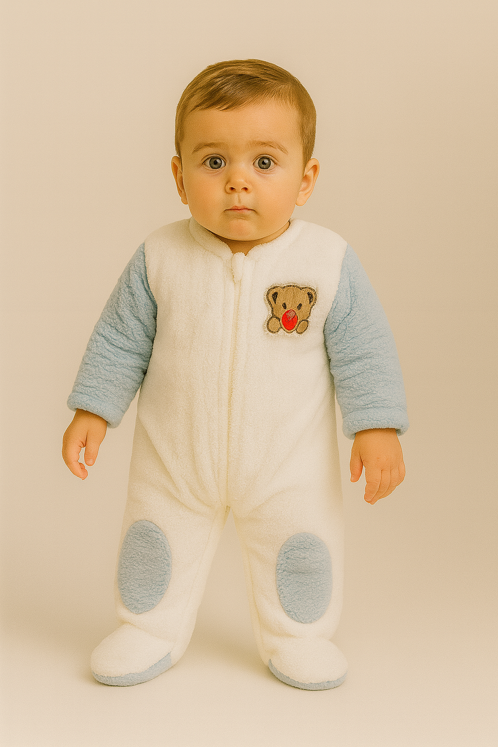 Bebek Teddy Desenli Kapüşonlu Peluş Tulum Mavi