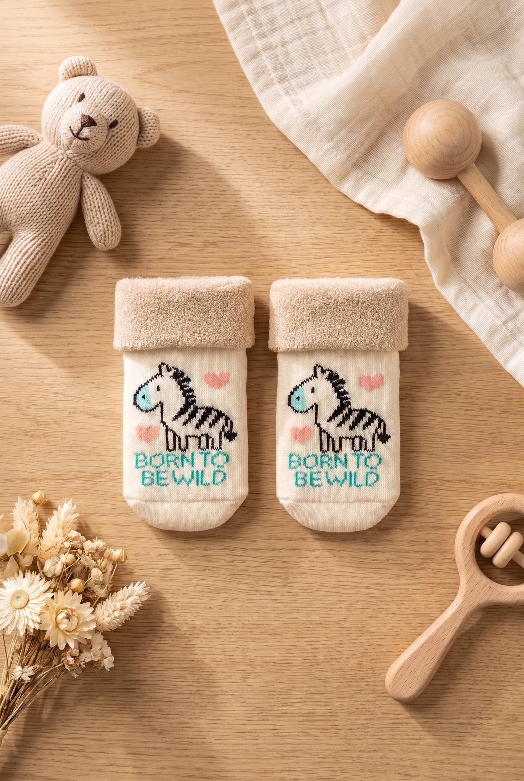 Baby Zebra Patterned Towel Socks Ecru Mix