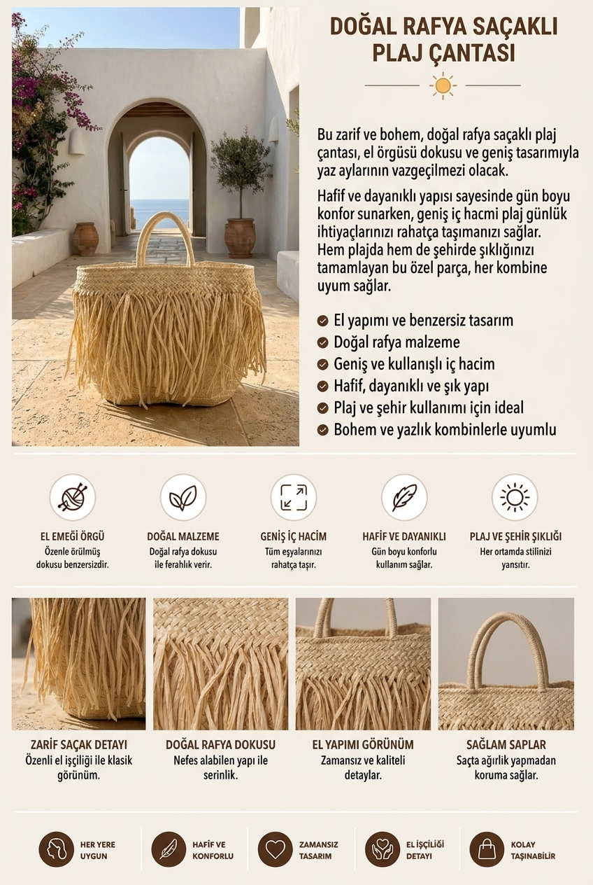Bej Saçaklı Hasır Çanta