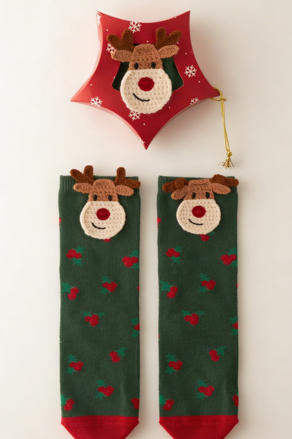 Children's Deer Patterned Boxed Christmas Socket Socks Green