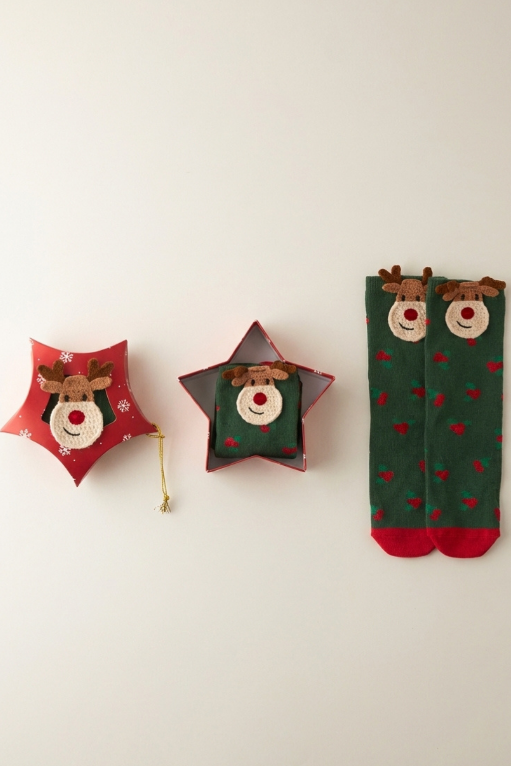 Children's Deer Patterned Boxed Christmas Socket Socks Green