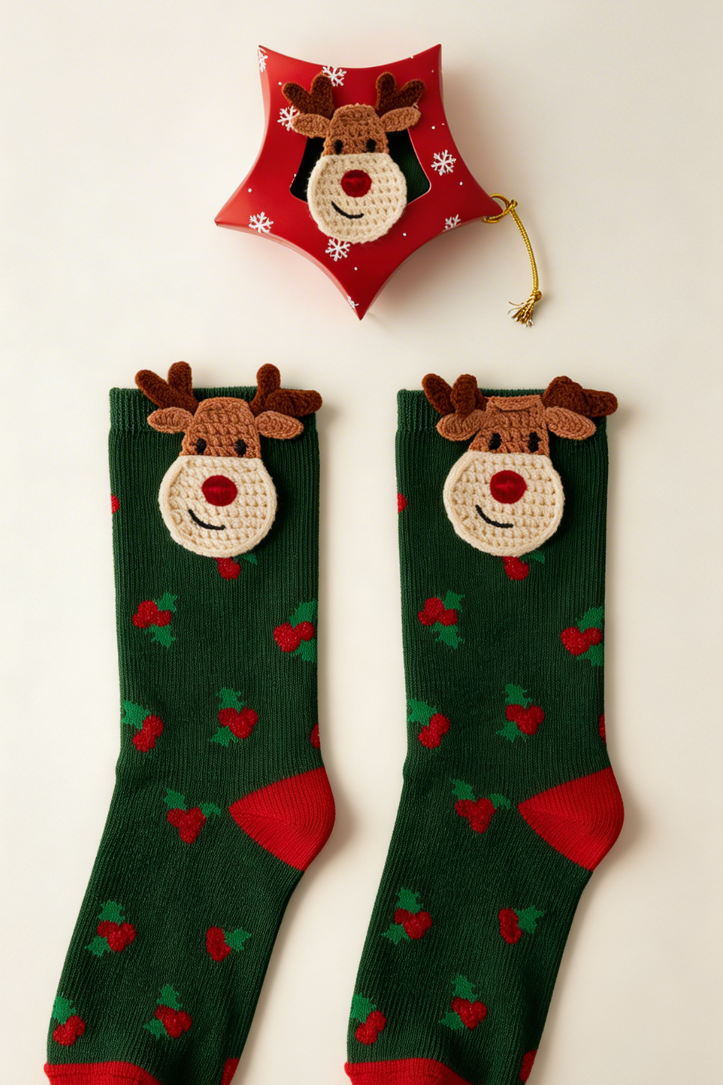 Children's Deer Patterned Boxed Christmas Socket Socks Green