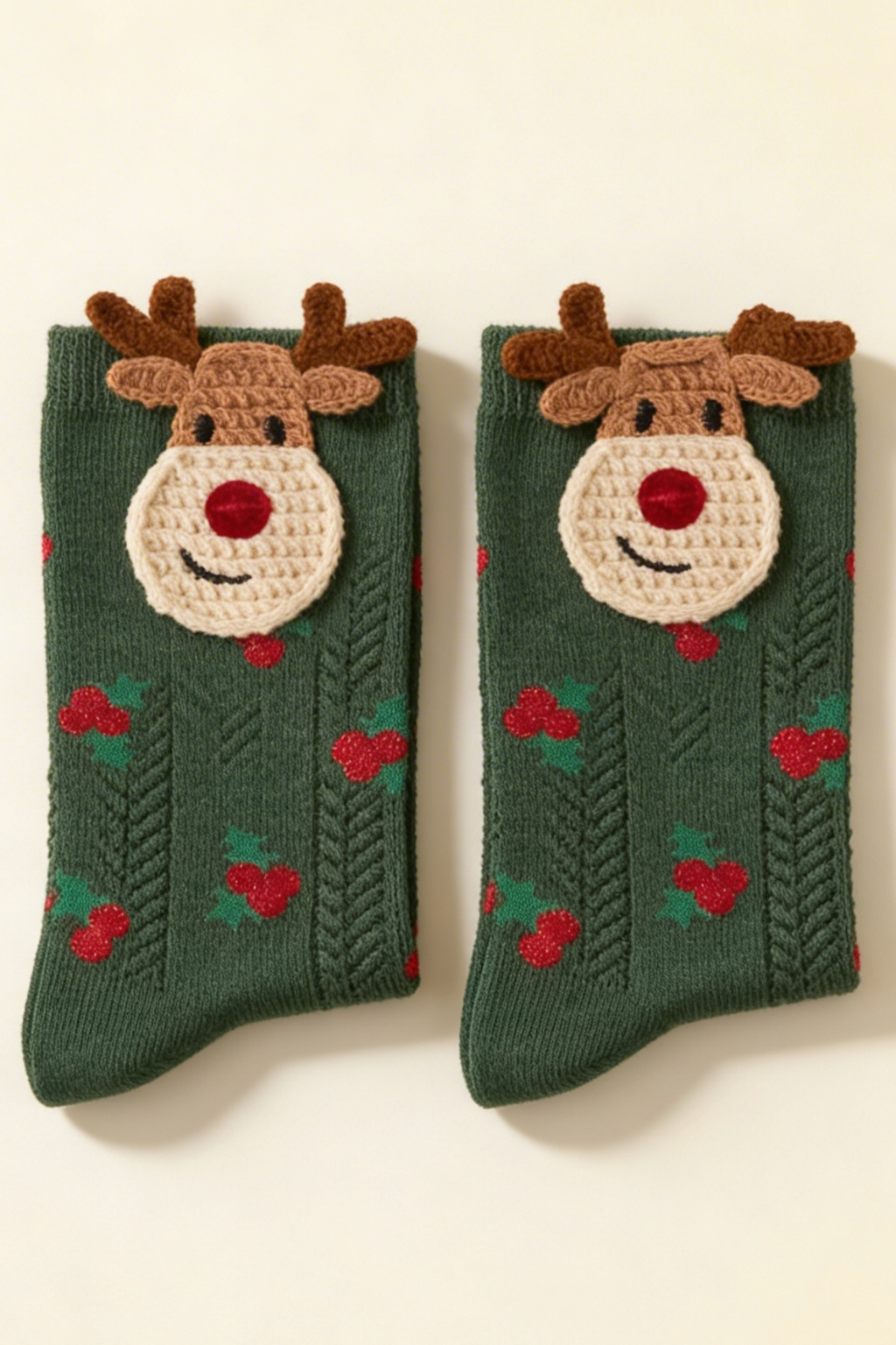 Children's Deer Patterned Boxed Christmas Socket Socks Green