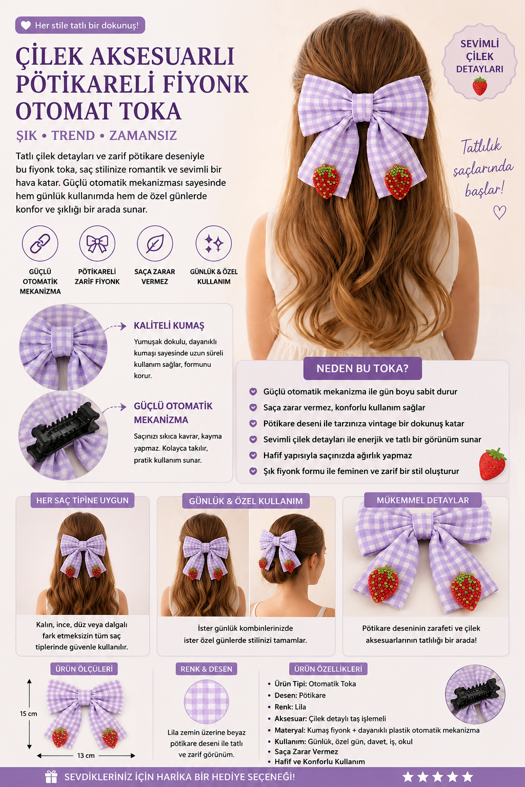 Strawberry Accessory Gingham Bowtie Automatic Buckle Lilac