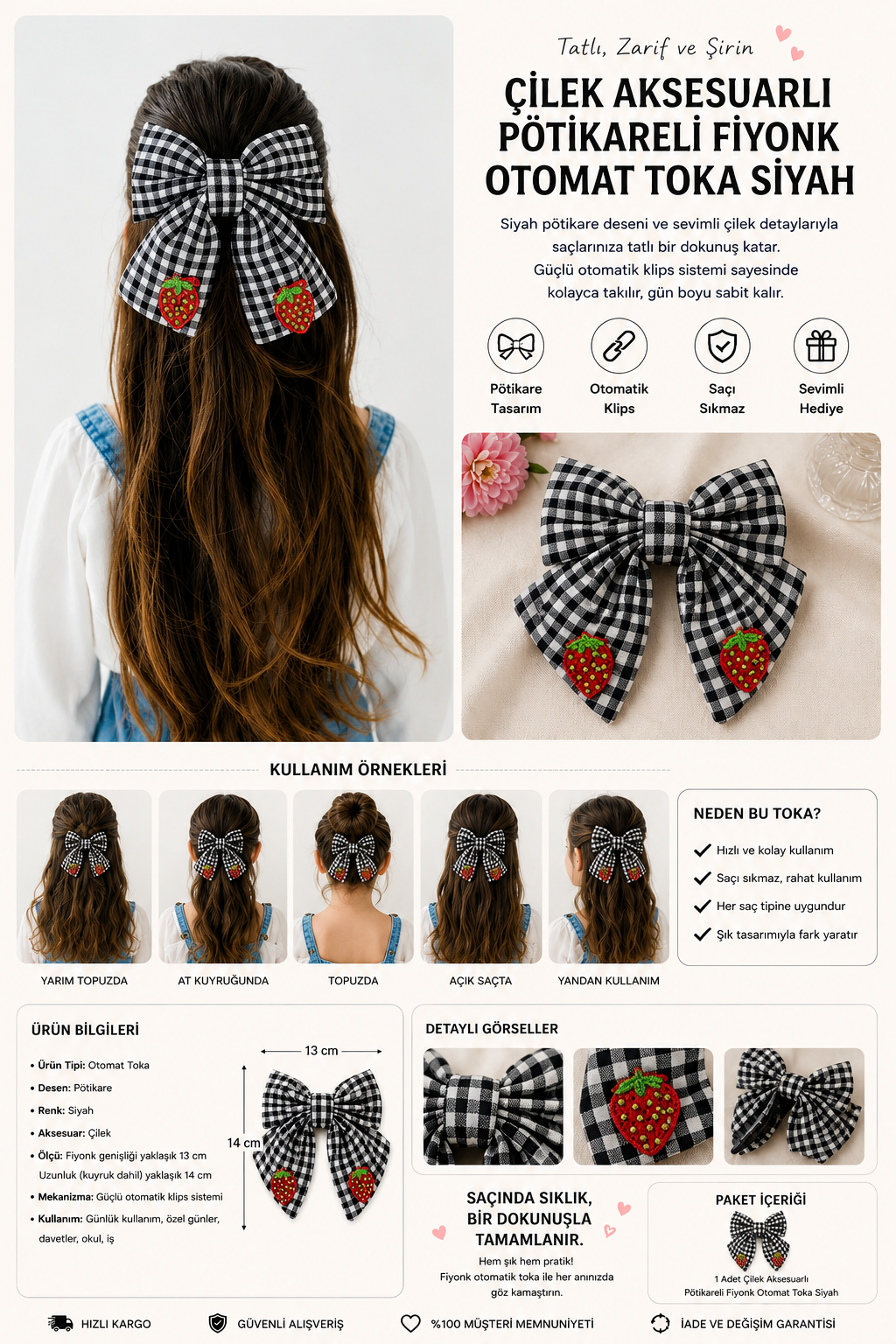 Gingham Bowtie Automat Buckle With Strawberry Accessory Black