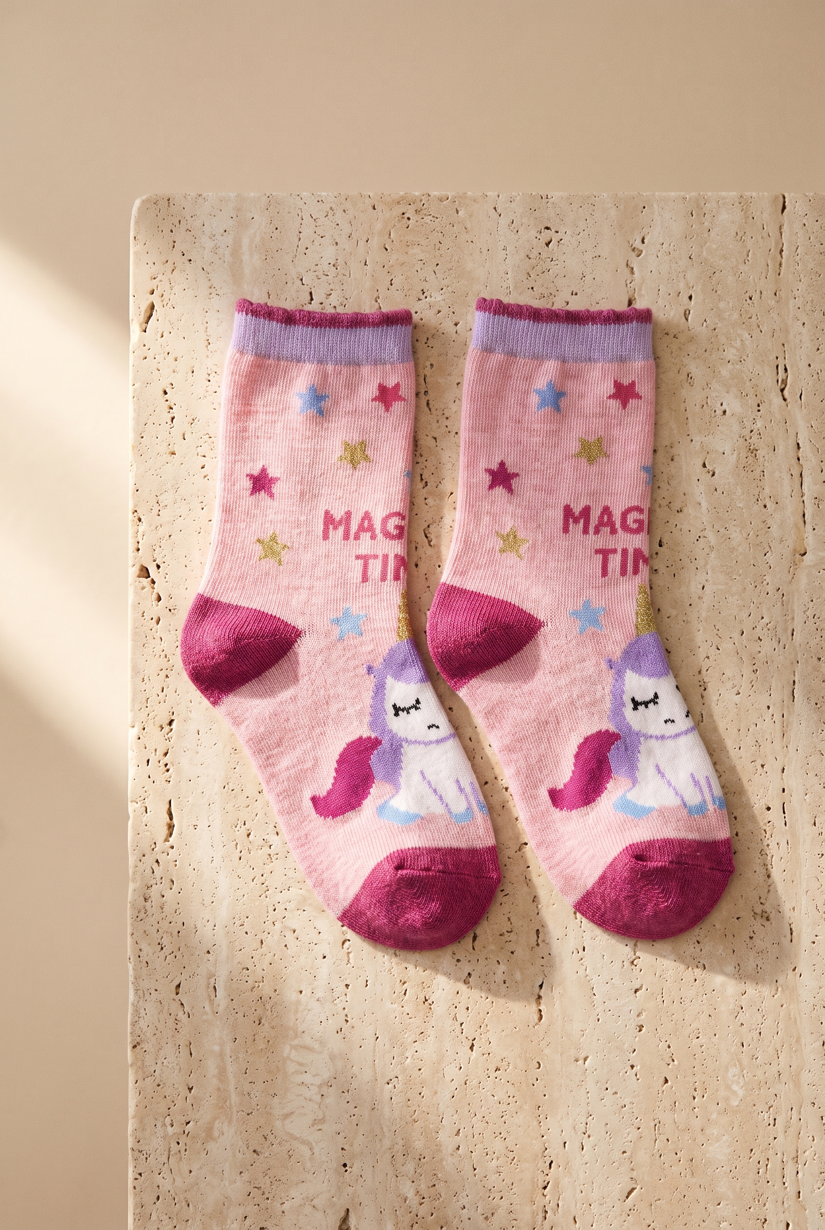 Çizgili Unicorn Desenli Açık Pembe Çocuk Soket Çorap