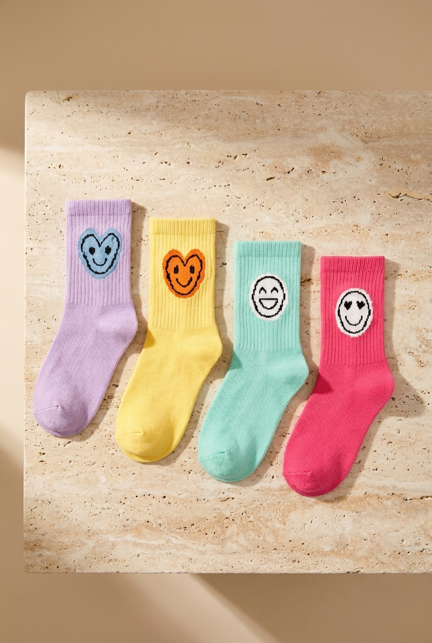 Çocuk 4'lü Gülen Yüz Emojili Soket Çorap
