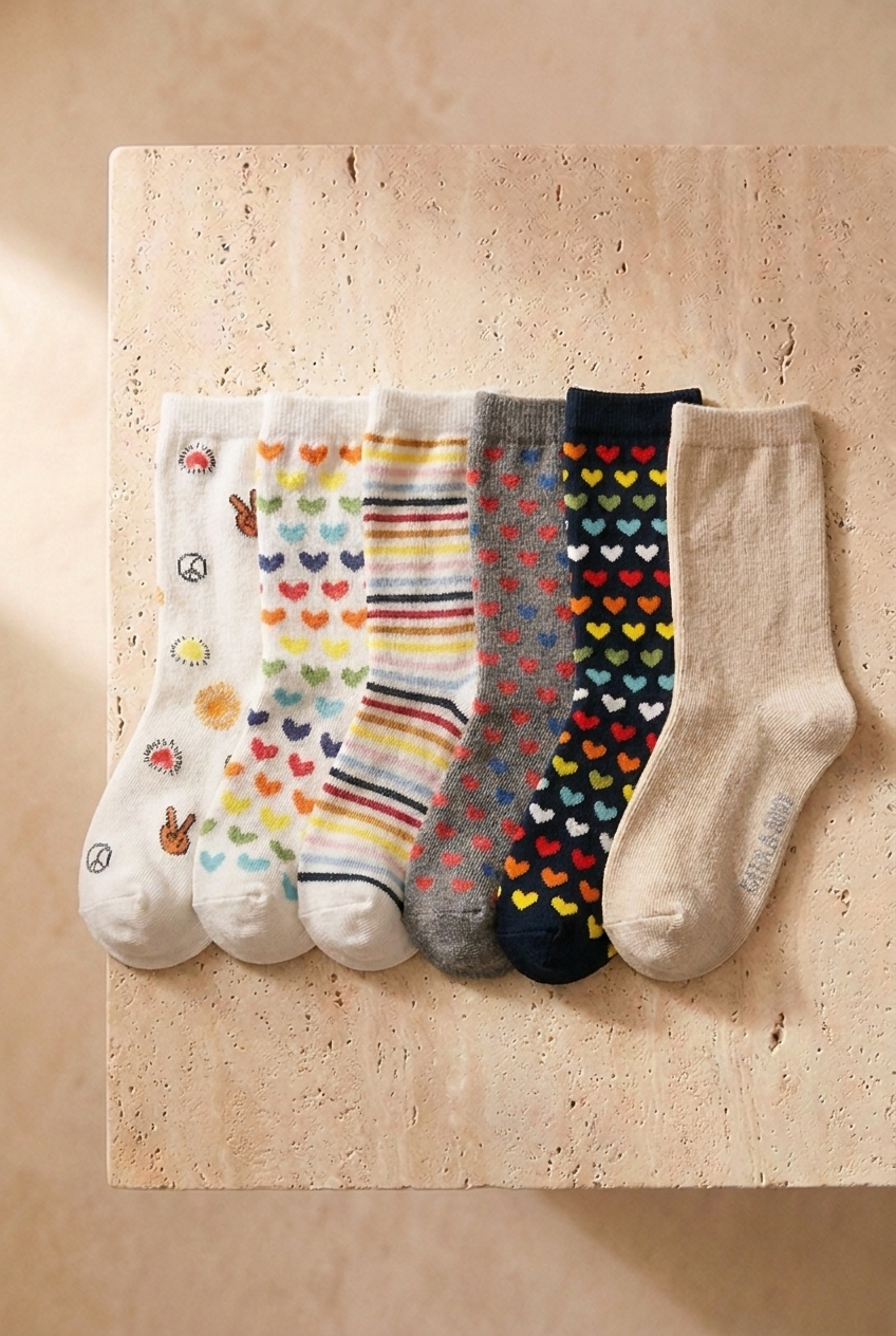 Children's Pack Of 6 Heart Patterned Socks Multi Colored