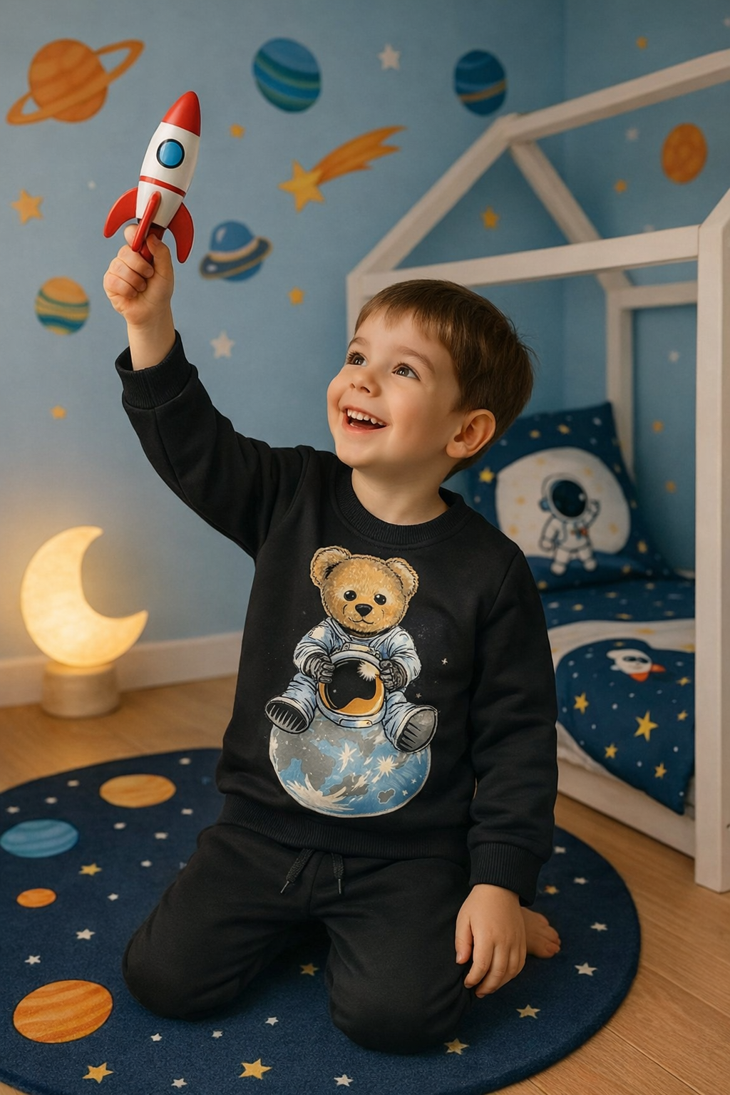 Çocuk Astronot Teddy Desenli Eşofman Takımı Siyah