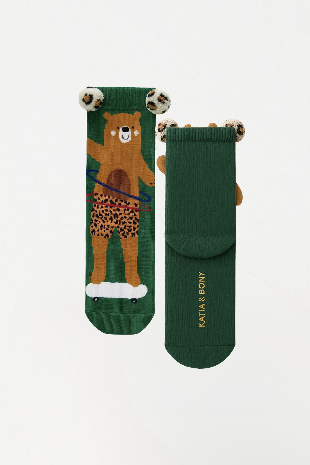 Çocuk Ayıcık Desenli Pon Pon Aksesuarlı Soket Çorap Koyu Yeşil 