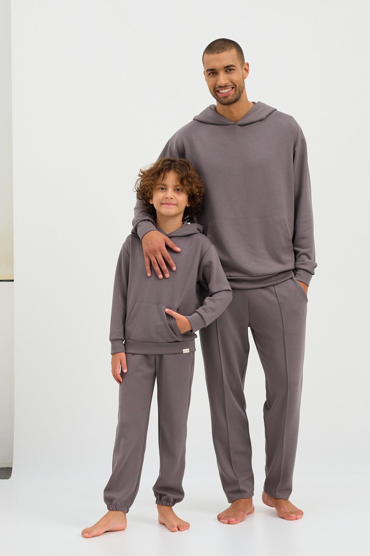 22410K2007 BASIC FLUFFY UNISEX ÇOCUK PAÇA LASTİKLİ PANTOLON KOYU GRI